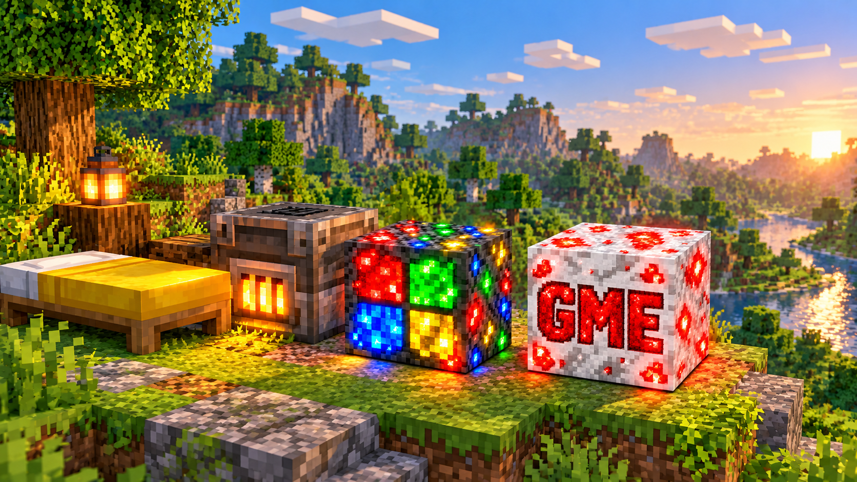 A yellow camp bed and portable foundry beside GME and Microsoft reward blocks in a Minecraft landscape